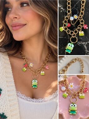 Sanrio Keroppi O-Ring Charm Necklace Gold Tone Strawberry Mushroom 2022
